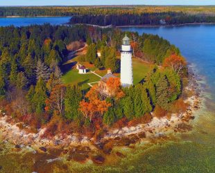 Scenic Cana Island Lighthouse, Door County, Wisconsin, aerial flyby.